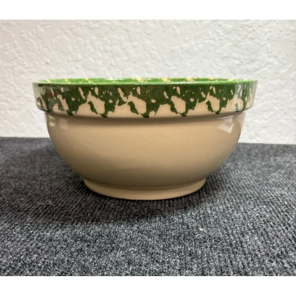 Alpine Pottery Roseville Ohio Large 8 ½” Bowl Green Check Spongeware Floral